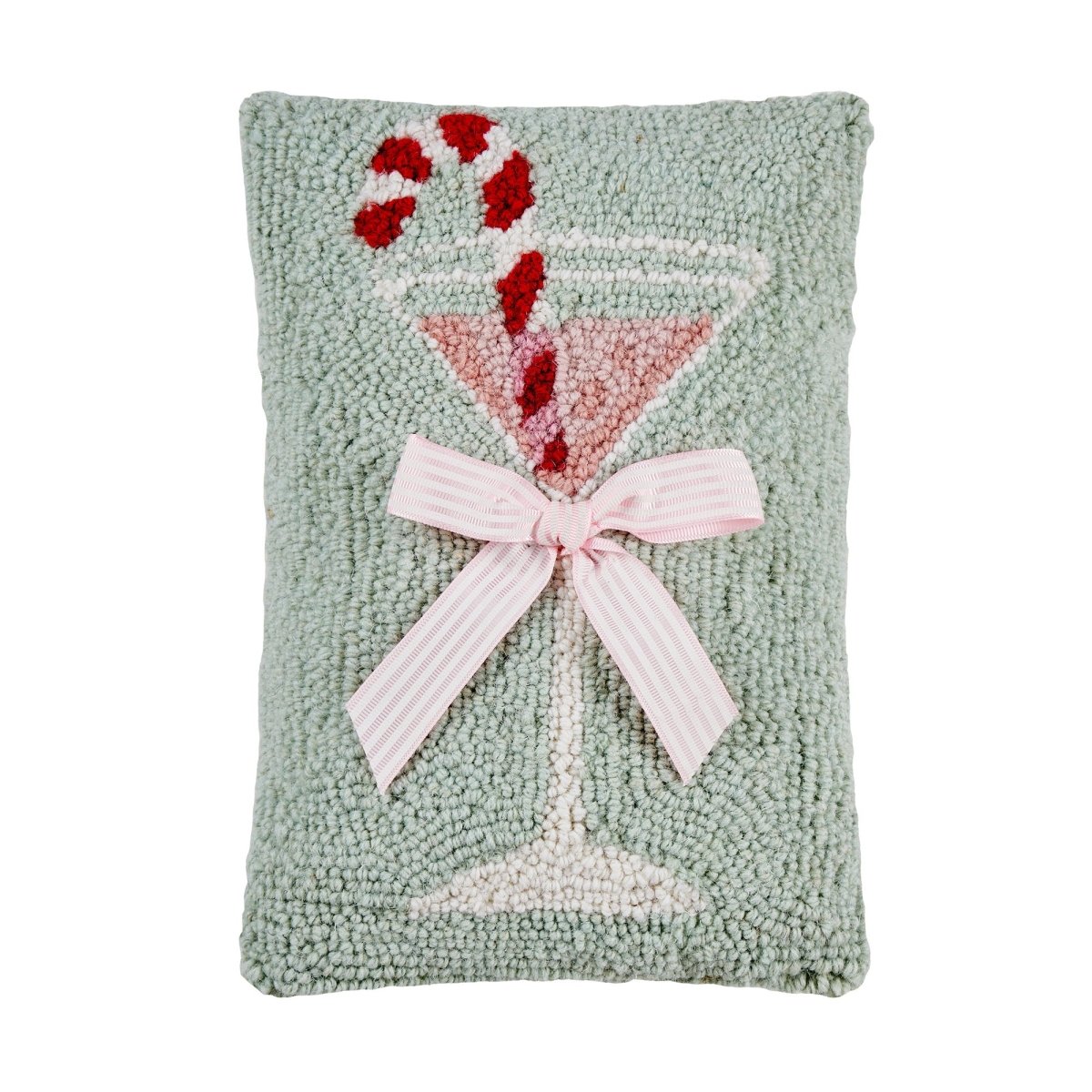 Gingham Bow Martini Glass Hooked Wool Christmas Throw Pillow, 8x12 inch, front view