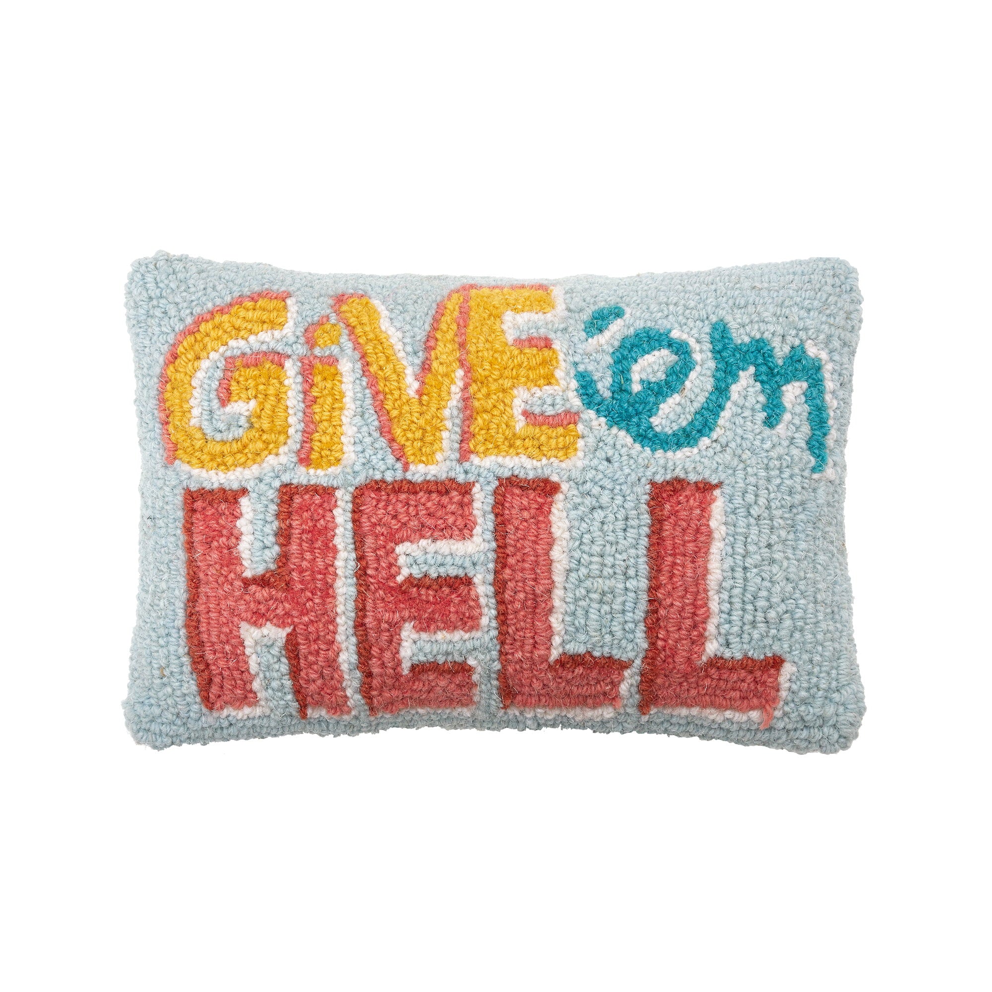 Give'em Hell Hooked Wool Throw Pillow, 8x12 inch, front view