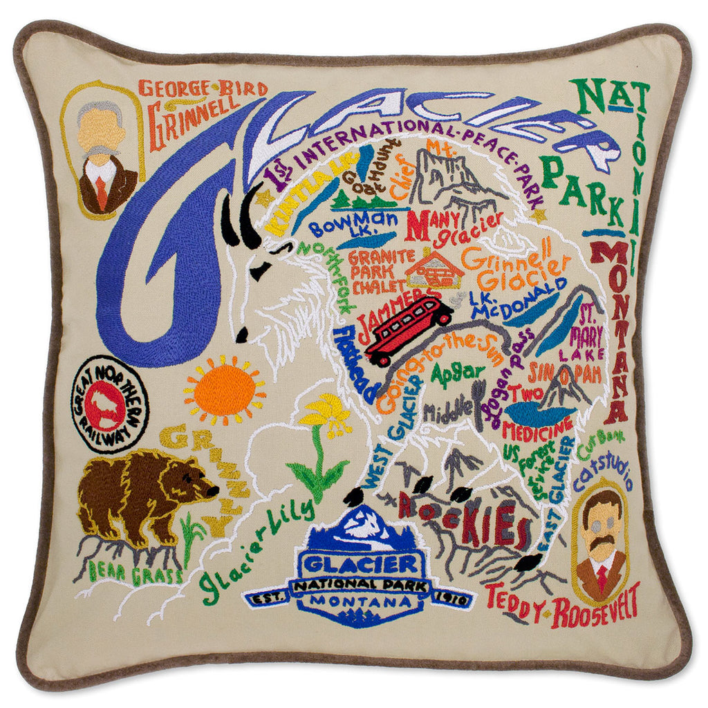 Glacier Park Majestic Peaks Outdoor embroidered throw pillow with mountain peaks.