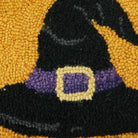 Gold Ground Witch Hat Hooked Wool Halloween Throw Pillow, close-up detail