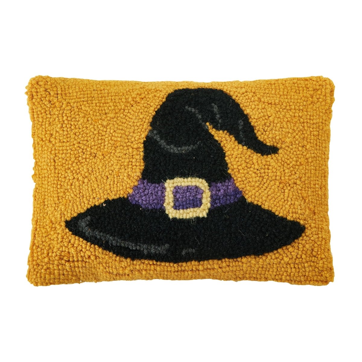 Gold Ground Witch Hat Hooked Wool Halloween Throw Pillow, 8x12 inch, front view