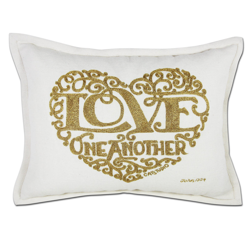 Gold Love Heart Boho Letters hand embroidered throw pillow with golden heart.