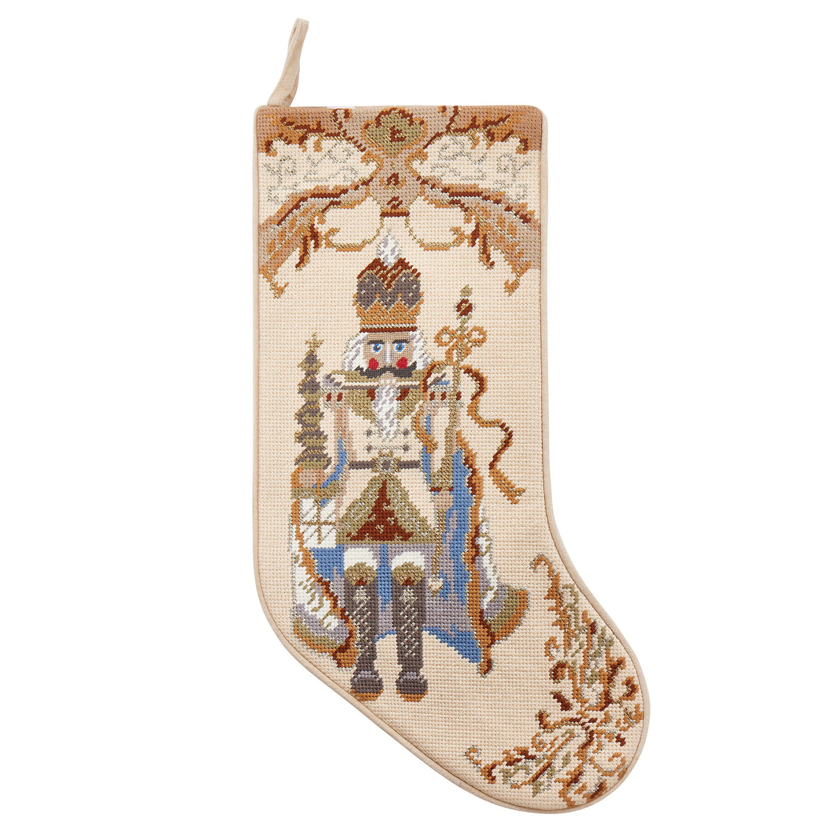 Gold Scroll Blue Nutcracker Embroidered Needlepoint Christmas Stocking, 11x18 inch, front view