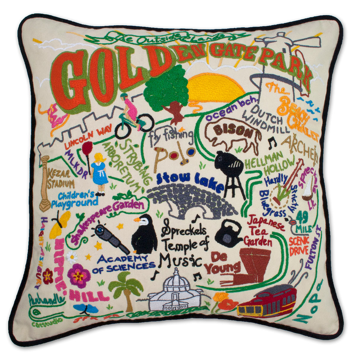 Golden Gate Park Iconic Bridge embroidered throw pillow with bridge design.