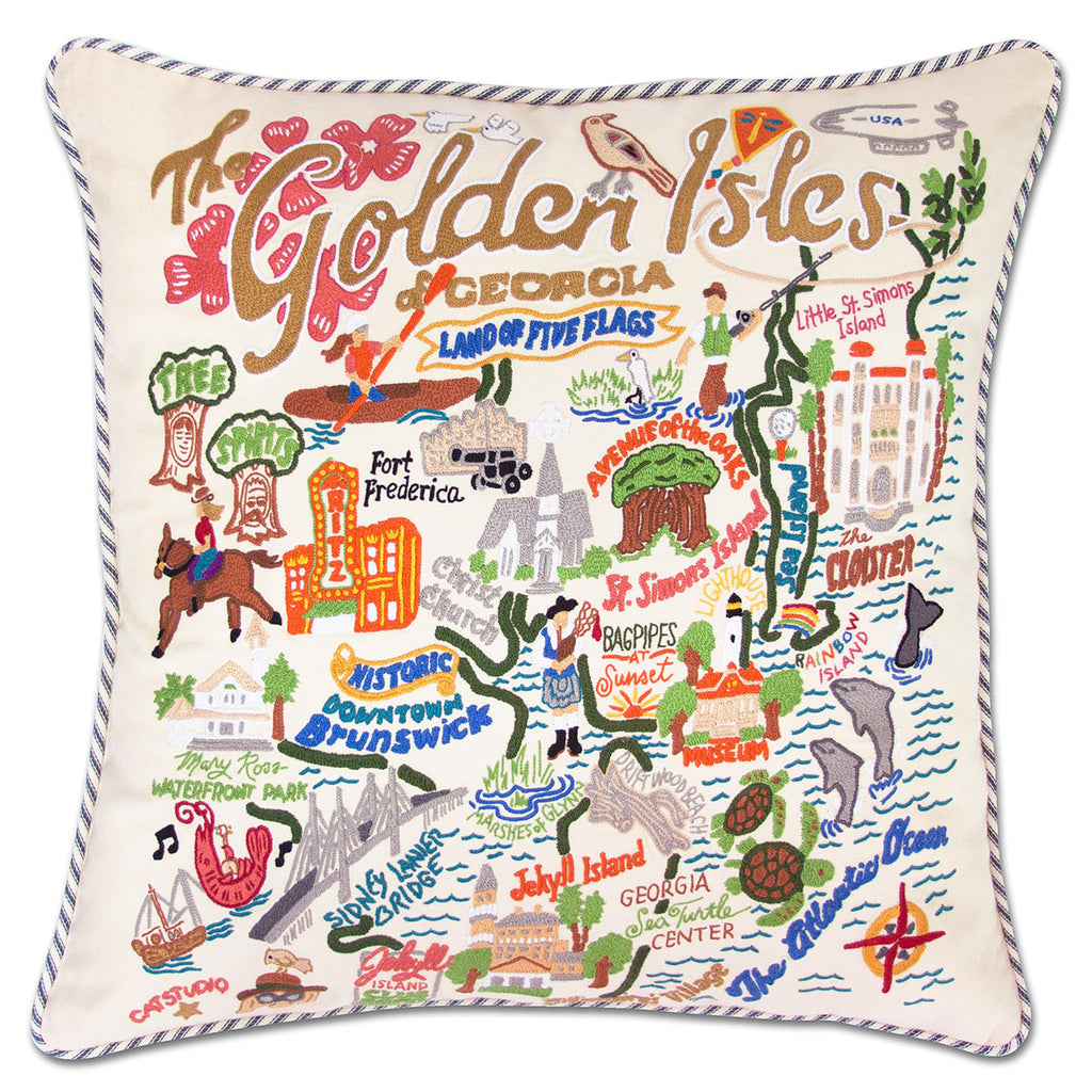 Golden Isles Coastal embroidered throw pillow with coastal views.