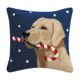 Golden Lab with Candy Cane Hooked Wool Christmas Throw Pillow, 18x18 inch, front view