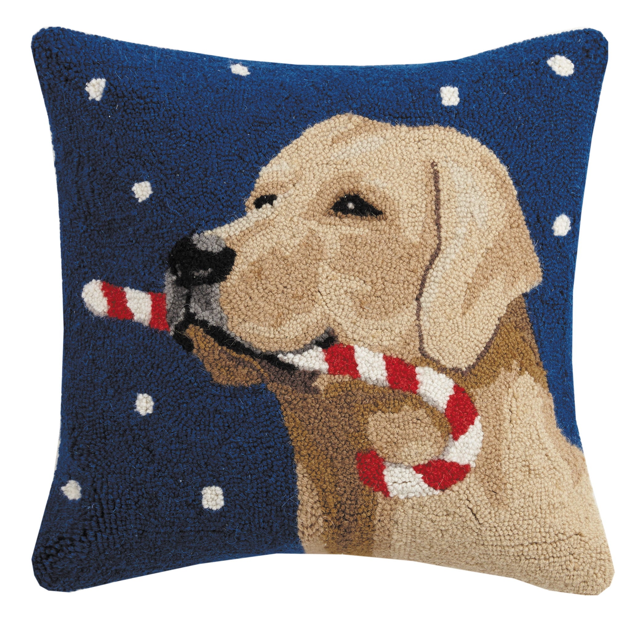 Golden Lab with Candy Cane Hooked Wool Christmas Throw Pillow, 18x18 inch, front view