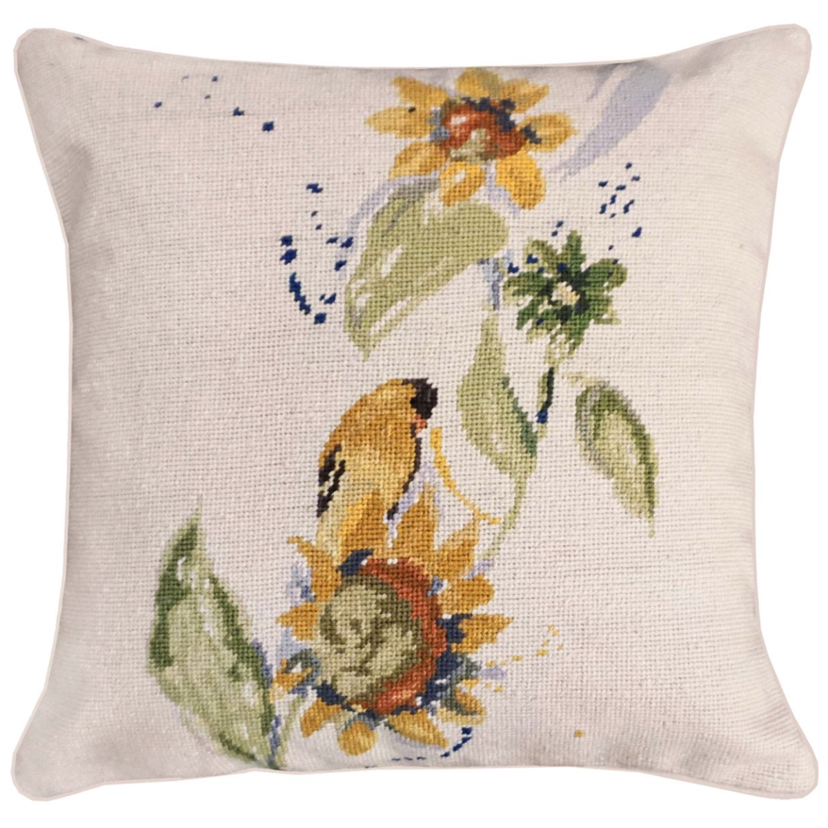 Goldfinch With Sunflower needlepoint throw pillow with botanical floral design
