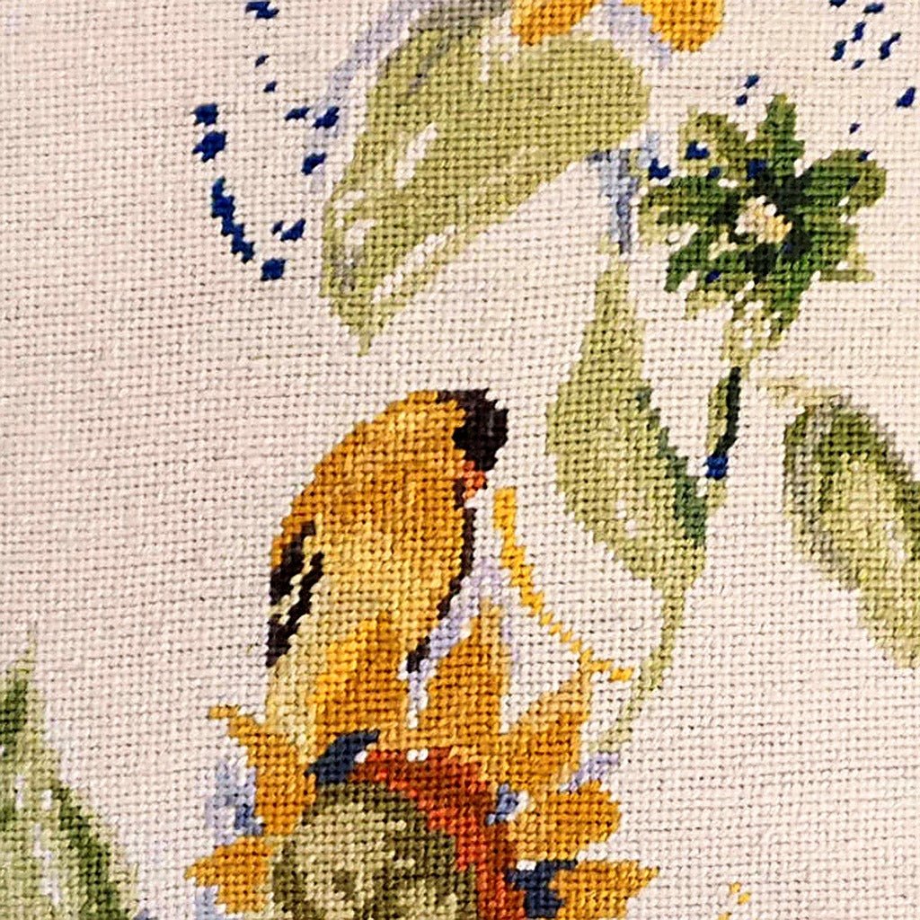 Goldfinch With Sunflower pillow fabric closeup showing hand-embroidered needlepoint wool texture and color detail