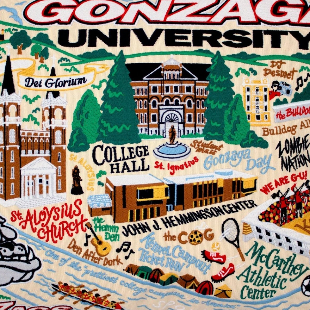 Close-up embroidery detail of the Gonzaga University Bulldogs Embroidered College Pillow