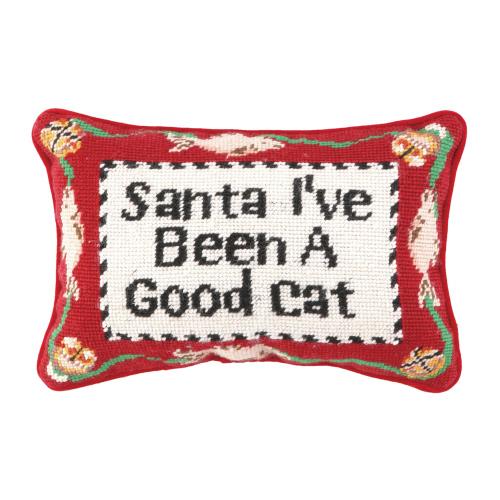 Good Cat Wool Needlepoint Christmas Throw Pillow, 8x12 inch, front view