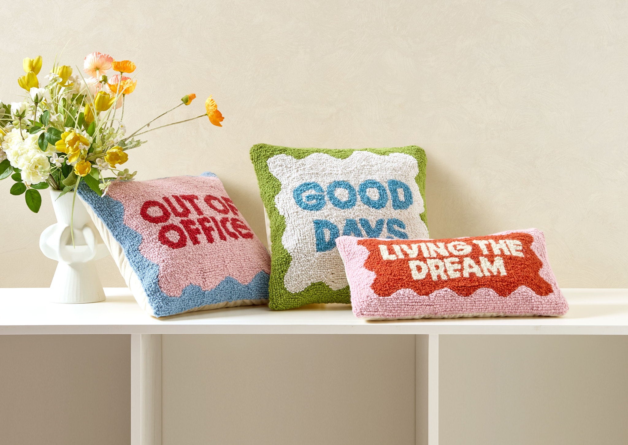 Good Days Hooked Wool Throw Pillow shown alongside other designs in the same collection, 14x14 inch
