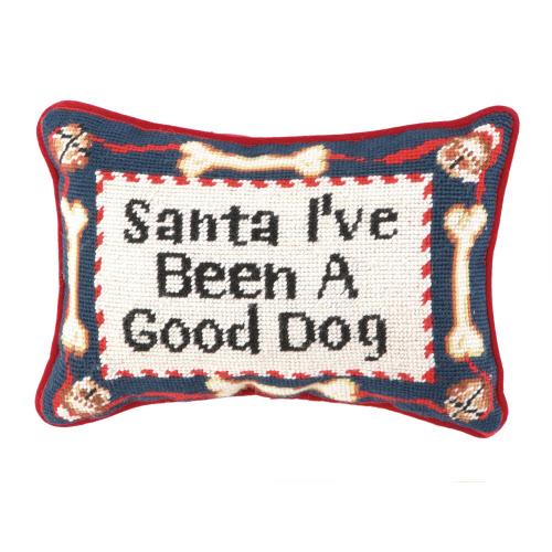 Good Dog Wool Needlepoint Christmas Throw Pillow, 8x12 inch, front view
