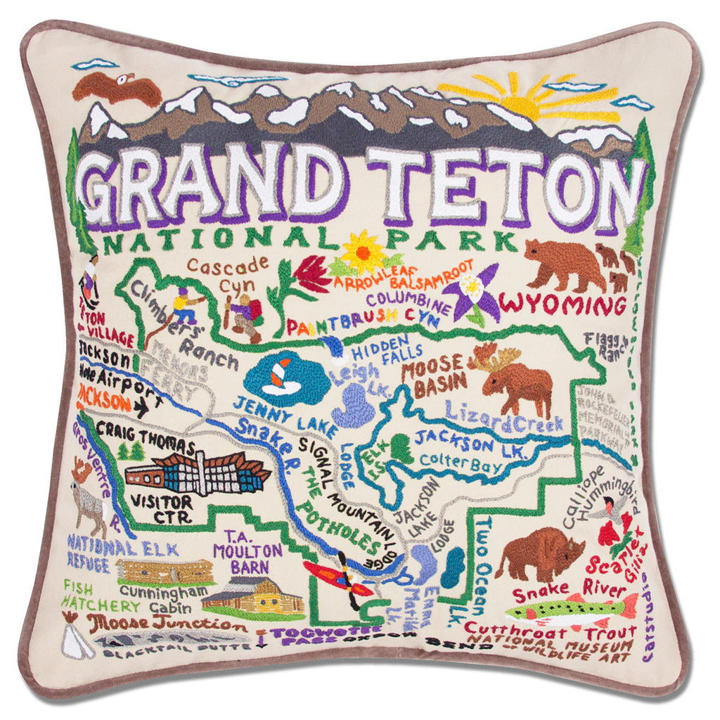 Grand Teton Mountain Range Nature embroidered throw pillow with mountain peaks.