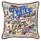 Great Lakes Charm hand-embroidered throw pillow with nautical coastal motifs