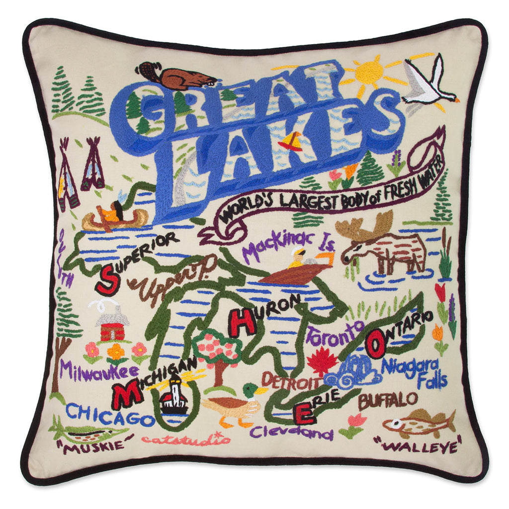 Great Lakes Nautical Charm embroidered throw pillow with nautical design.
