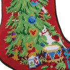 Closeup of Green Cuff Christmas Tree Embroidered Needlepoint Stocking showing stitch texture and craftsmanship detail