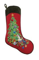 Green Cuff Christmas Tree Embroidered Needlepoint Stocking, 11x18 inch, front view