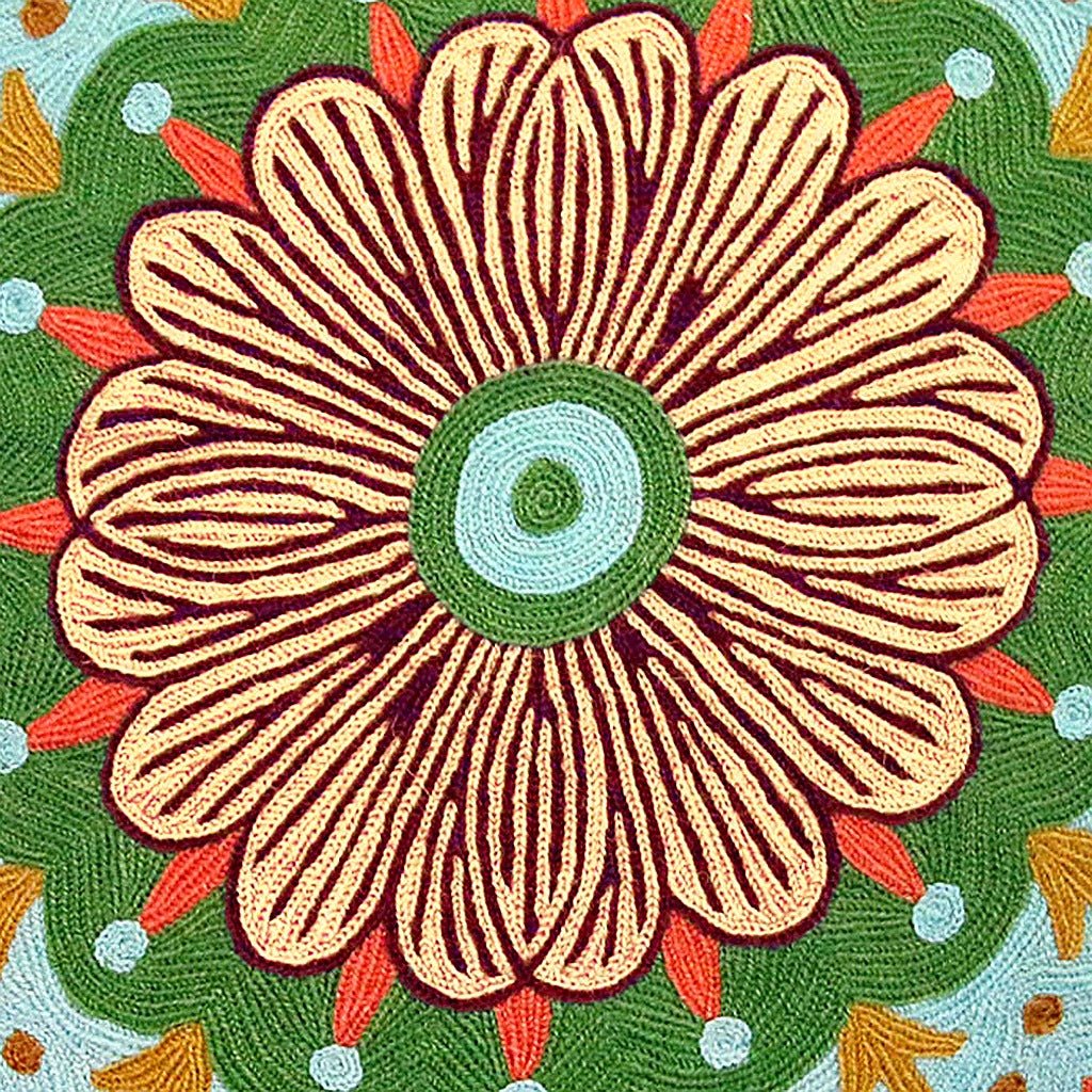 Green Gold Abstract Botanical Embroidered pillow fabric closeup showing hand-embroidered needlepoint wool texture and color detail