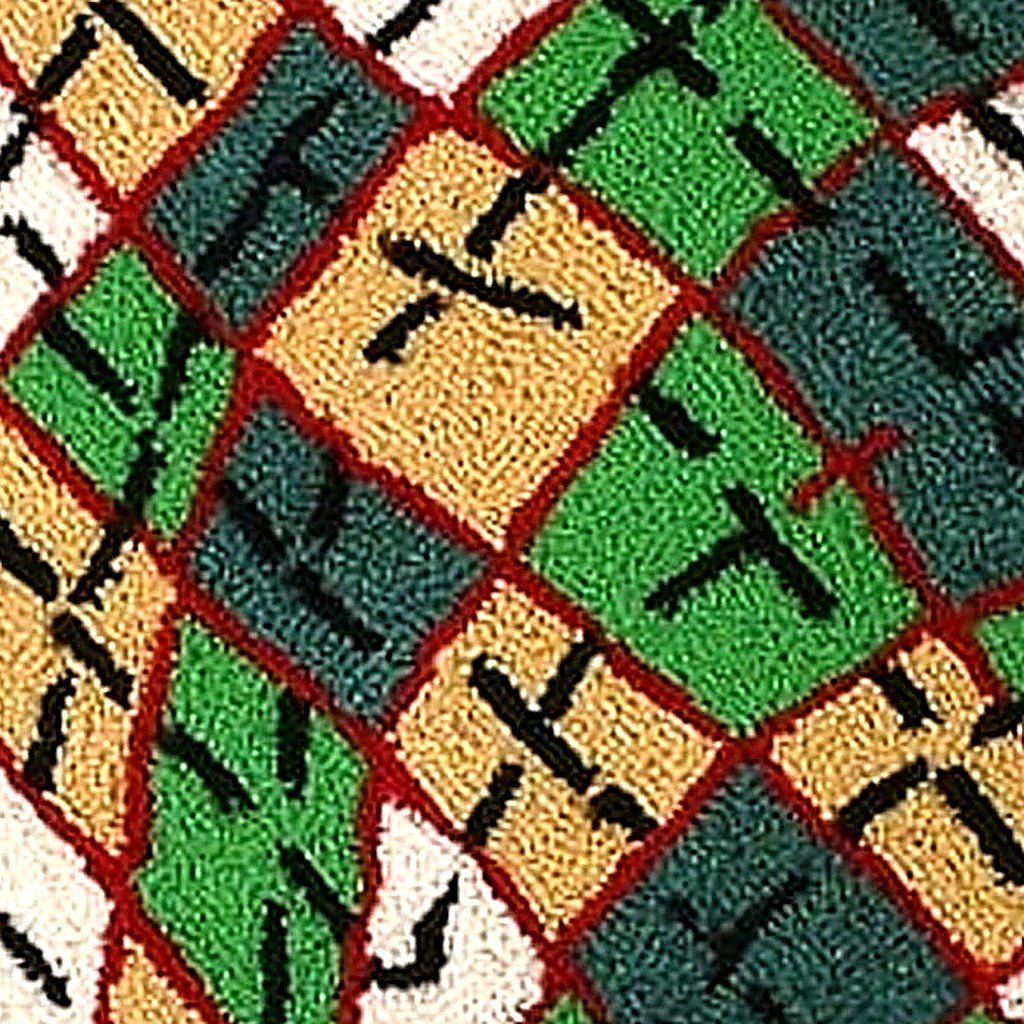 Green Gold Argyle Wool Hooked pillow fabric closeup showing hand-embroidered needlepoint wool texture and color detail