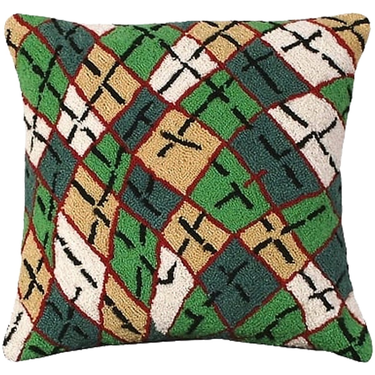 Green Gold Argyle hooked wool throw pillow with artisan decorative design