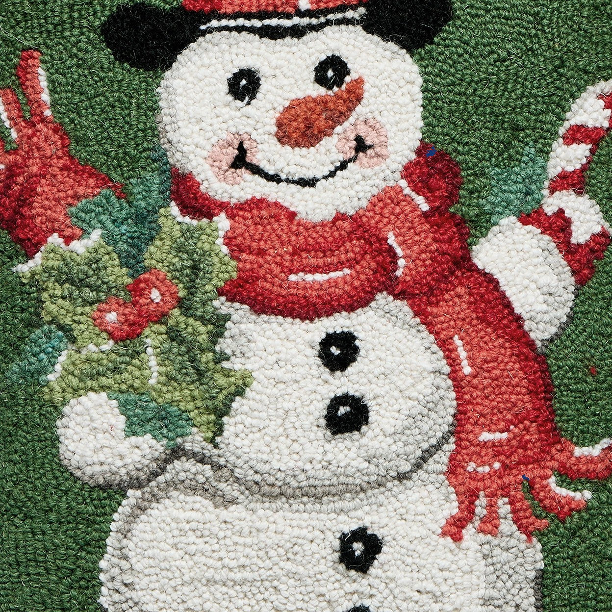 Green Ground Top Hat Snowman Hooked Wool Christmas Throw Pillow, close-up detail