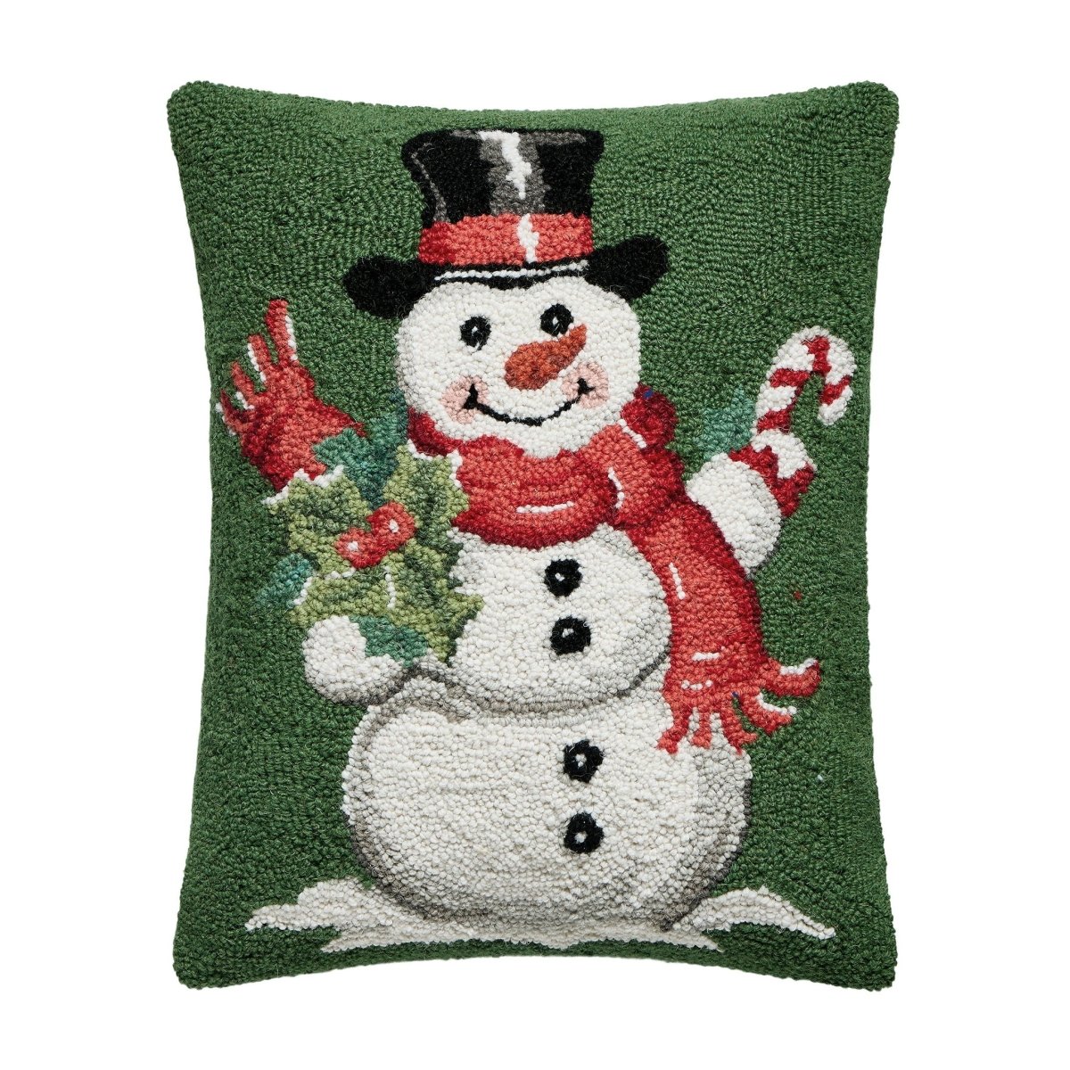 Green Ground Top Hat Snowman Hooked Wool Christmas Throw Pillow, 16x20 inch, front view