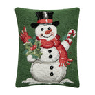 Green Ground Top Hat Snowman Hooked Wool Christmas Throw Pillow, 16x20 inch, front view