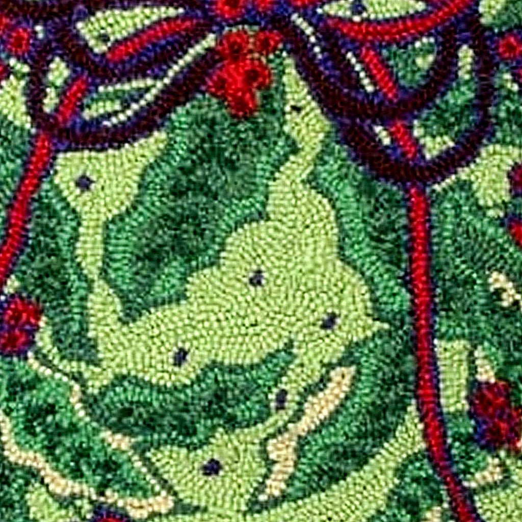 Green Holly Bough Wool Hooked pillow fabric closeup showing hand-embroidered needlepoint wool texture and color detail