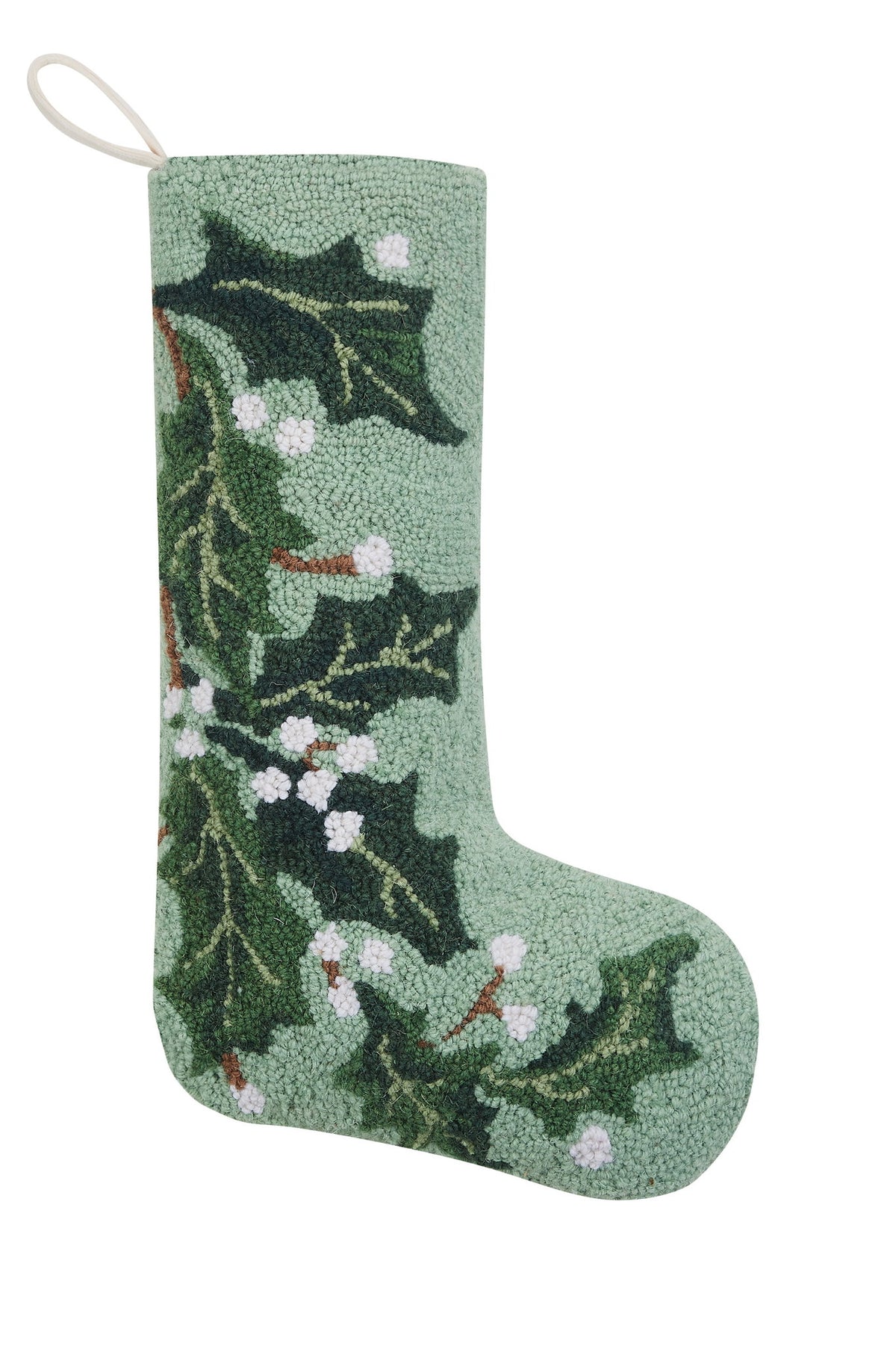 Green Holly Hooked Wool Christmas Stocking, 12x20 inch, front view