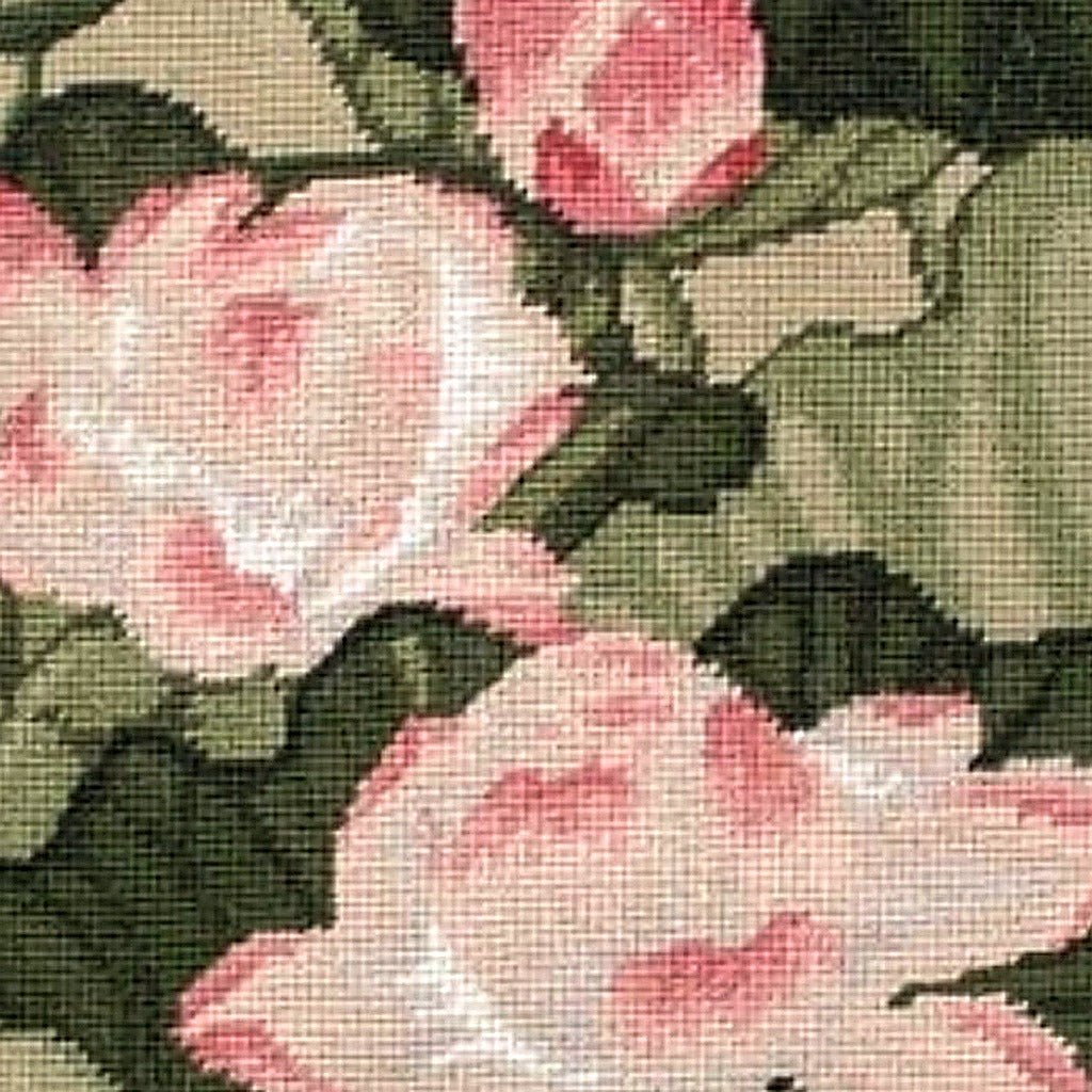 Green Pink Lotus Flower pillow fabric closeup showing hand-embroidered needlepoint wool texture and color detail