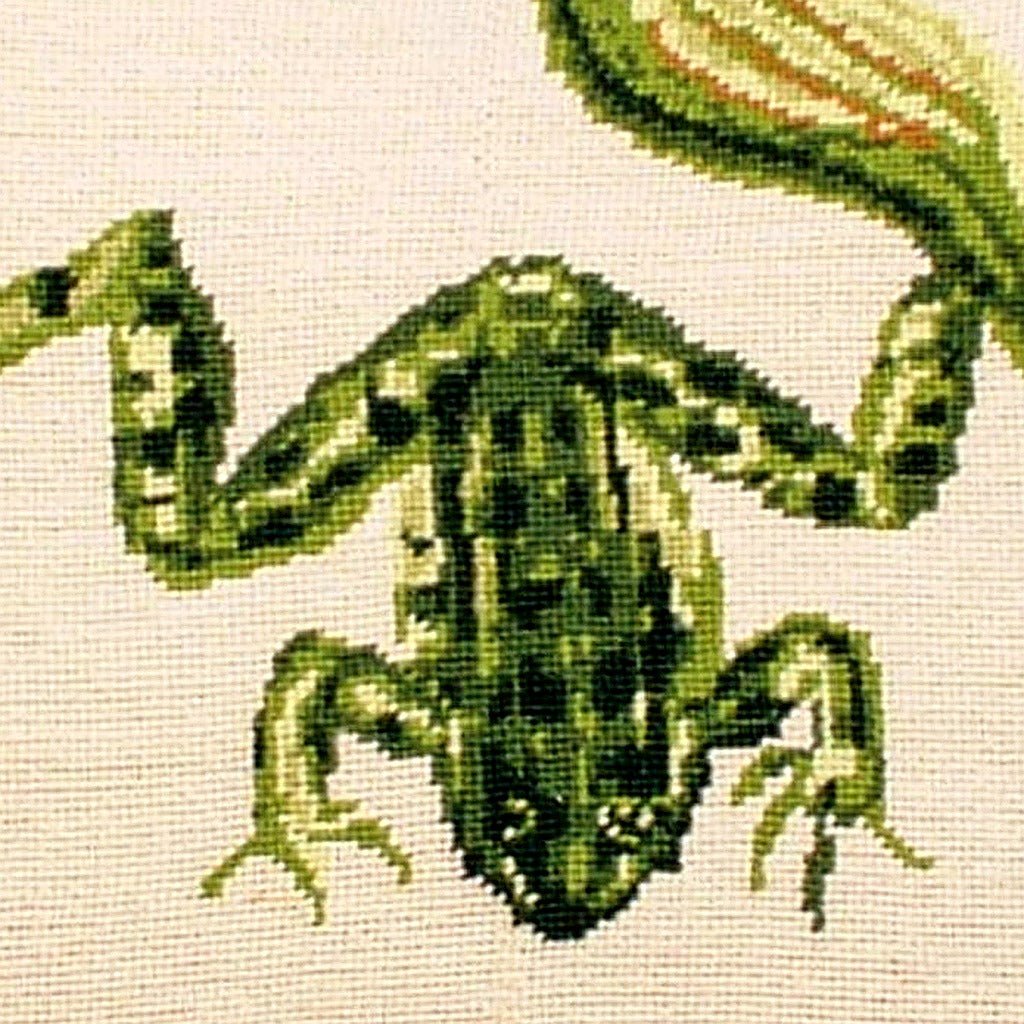 Hand-stitched wool detail of Green Water Frog Wildlife Lodge needlepoint pillow showing intricate weave pattern and texture