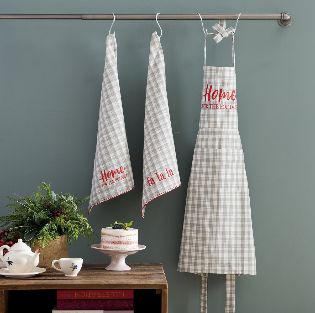 Grey Plaid Home Christmas Apron shown alongside other designs in the same collection, 28x34 inch