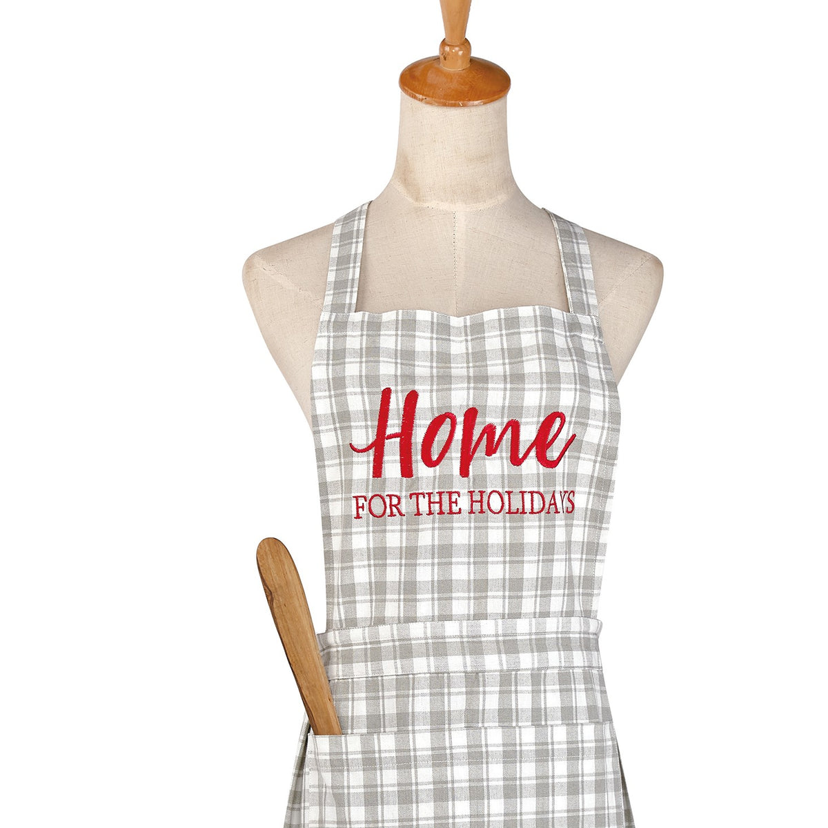 Grey Plaid Home Christmas Apron, close-up detail