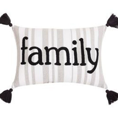 Grey Stripe Family Crewel Embroidered Throw Pillow, close-up detail