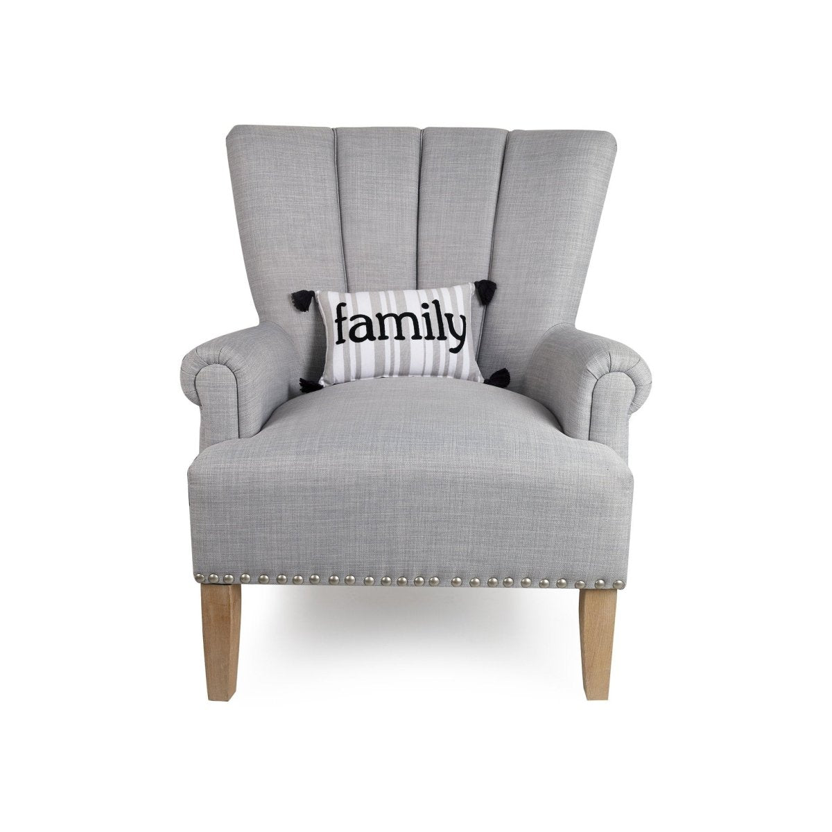 Grey Stripe Family Crewel Embroidered Throw Pillow on an armchair, showing the throw pillow at room scale, 8x12 inch