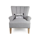 Grey Stripe Family Crewel Embroidered Throw Pillow on an armchair, showing the throw pillow at room scale, 8x12 inch