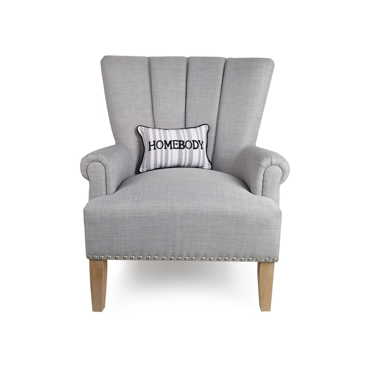 Grey Stripe Homebody Crewel Embroidered Throw Pillow on an armchair, showing the throw pillow at room scale, 8x12 inch