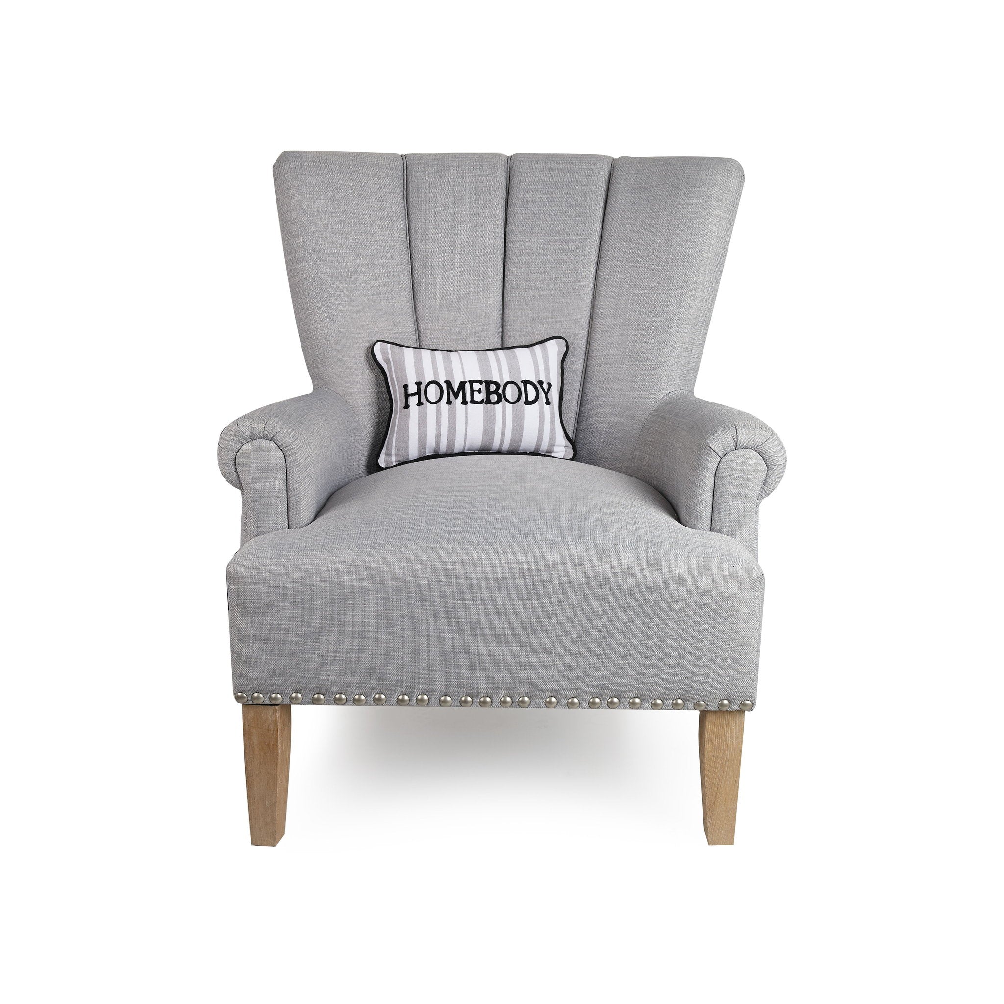 Grey Stripe Homebody Crewel Embroidered Throw Pillow on an armchair, showing the throw pillow at room scale, 8x12 inch