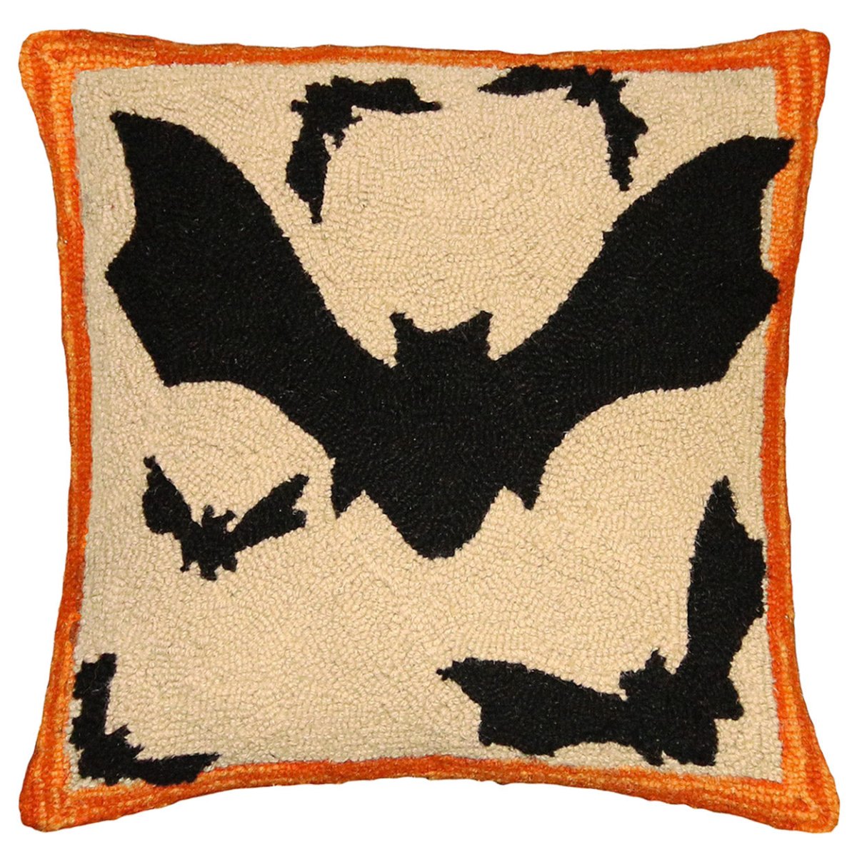 Halloween Black Bats hooked wool throw pillow showcasing iconic landmarks
