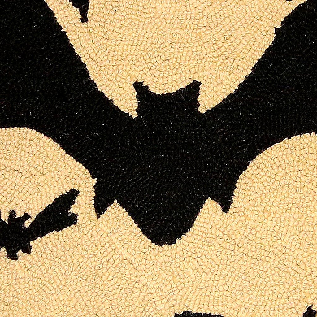 Closeup of Halloween Black Bats Wool Hooked needlepoint throw pillow highlighting hand-stitched wool craftsmanship and fabric detail