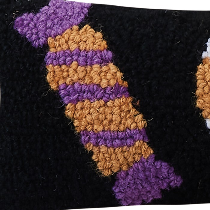 Halloween Candies Trio Hooked Wool Throw Pillow, close-up detail