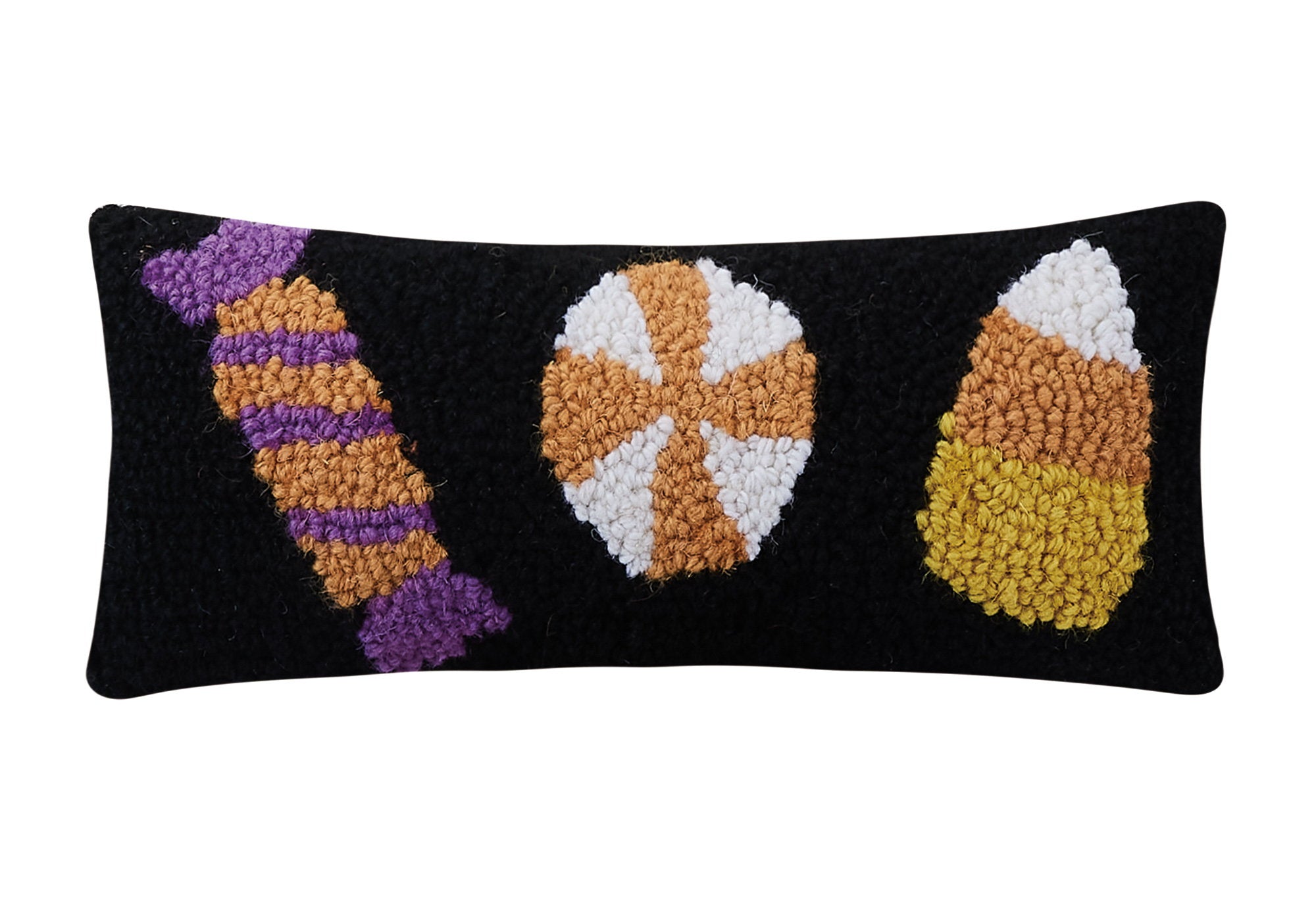 Halloween Candies Trio Hooked Wool Throw Pillow, 12x5 inch, front view
