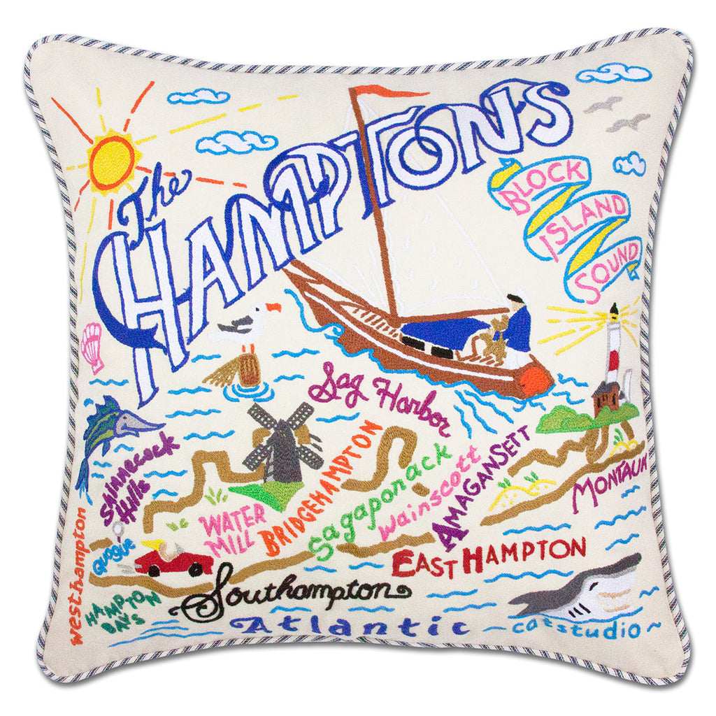 Hamptons Luxury embroidered throw pillow with coastal luxury.
