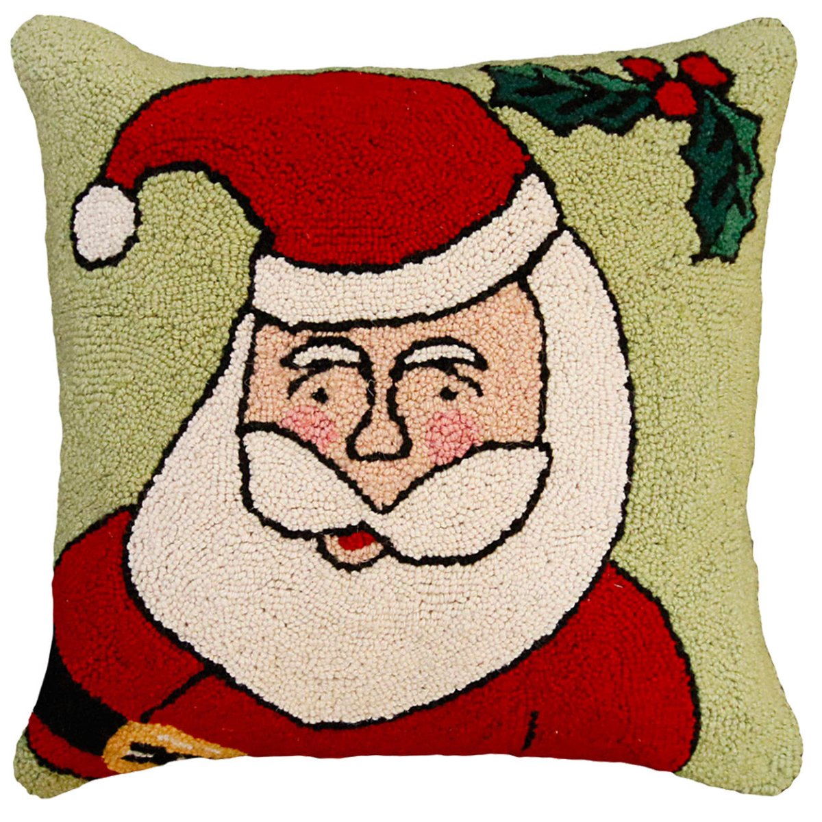 Happy Santa Holly Green hooked wool throw pillow with festive holiday seasonal design