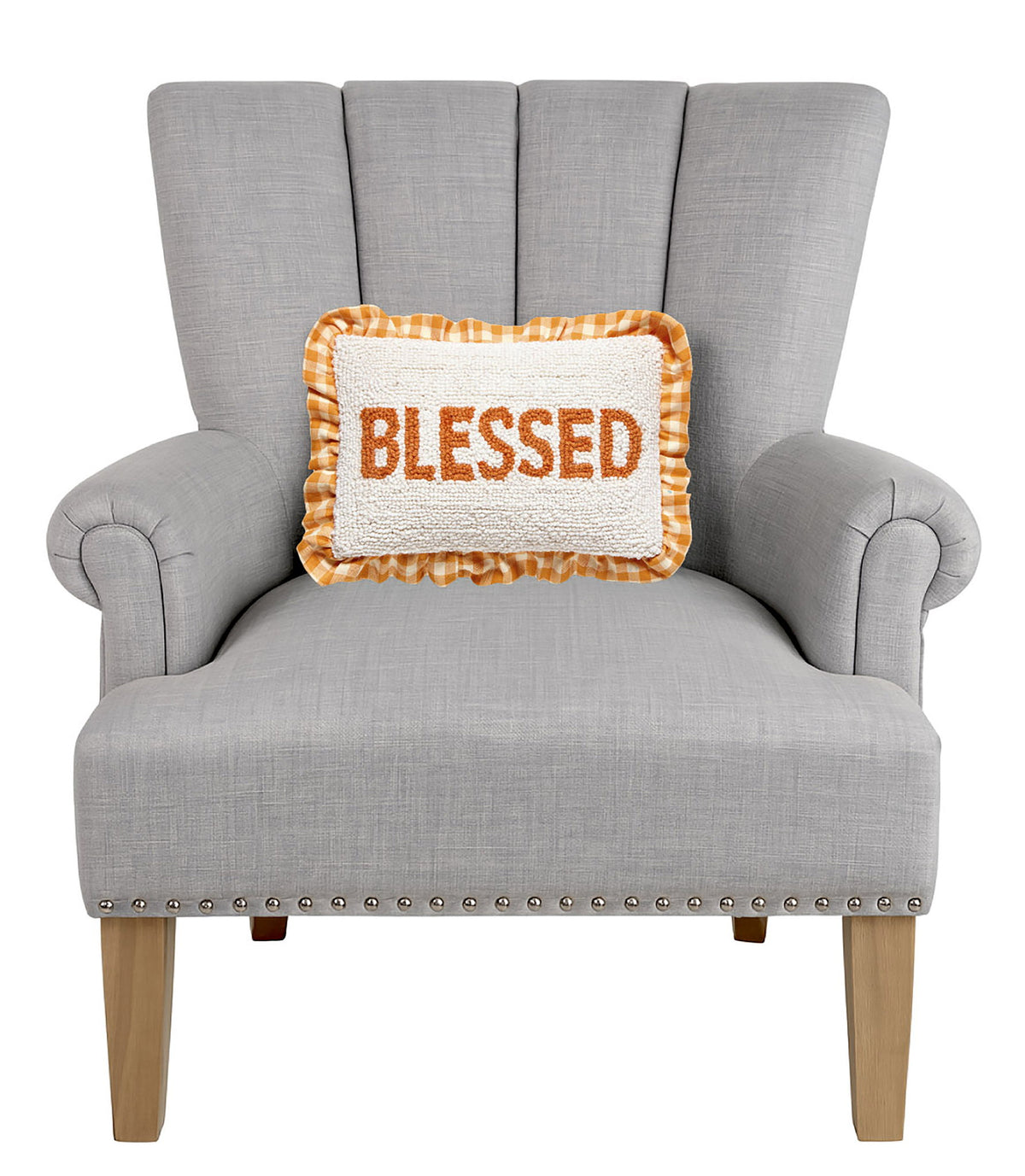 Harvest Blessed Hooked Wool Fall Harvest Throw Pillow on an armchair, showing the throw pillow at room scale, 8x12 inch