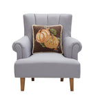 Harvest Brown Pumpkin Duo Embroidered Fall Harvest Throw Pillow on an armchair, showing the throw pillow at room scale, 16x16 inch