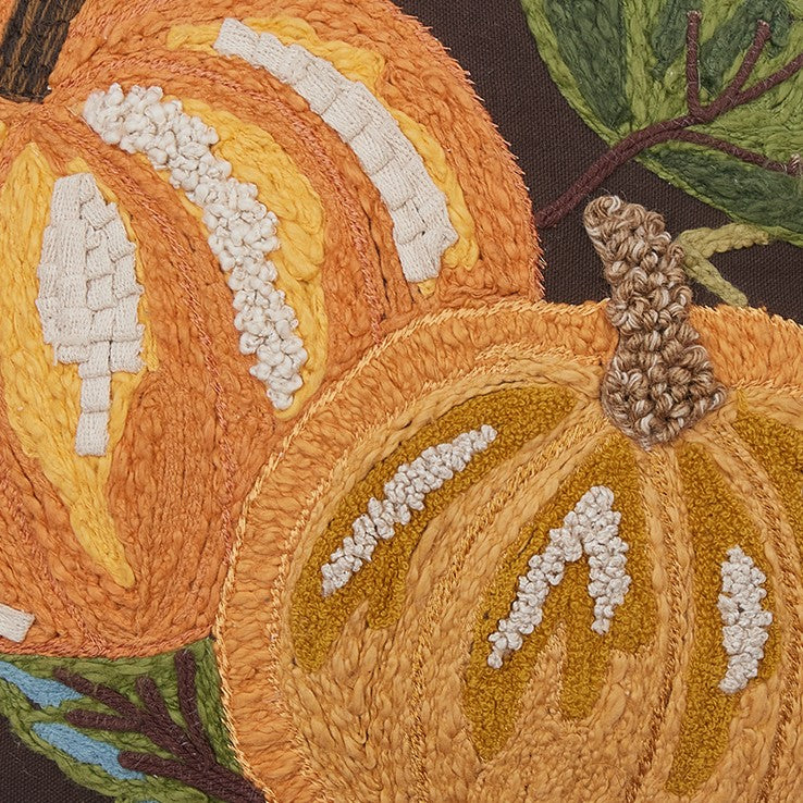 Harvest Brown Pumpkin Duo Embroidered Fall Harvest Throw Pillow, close-up detail