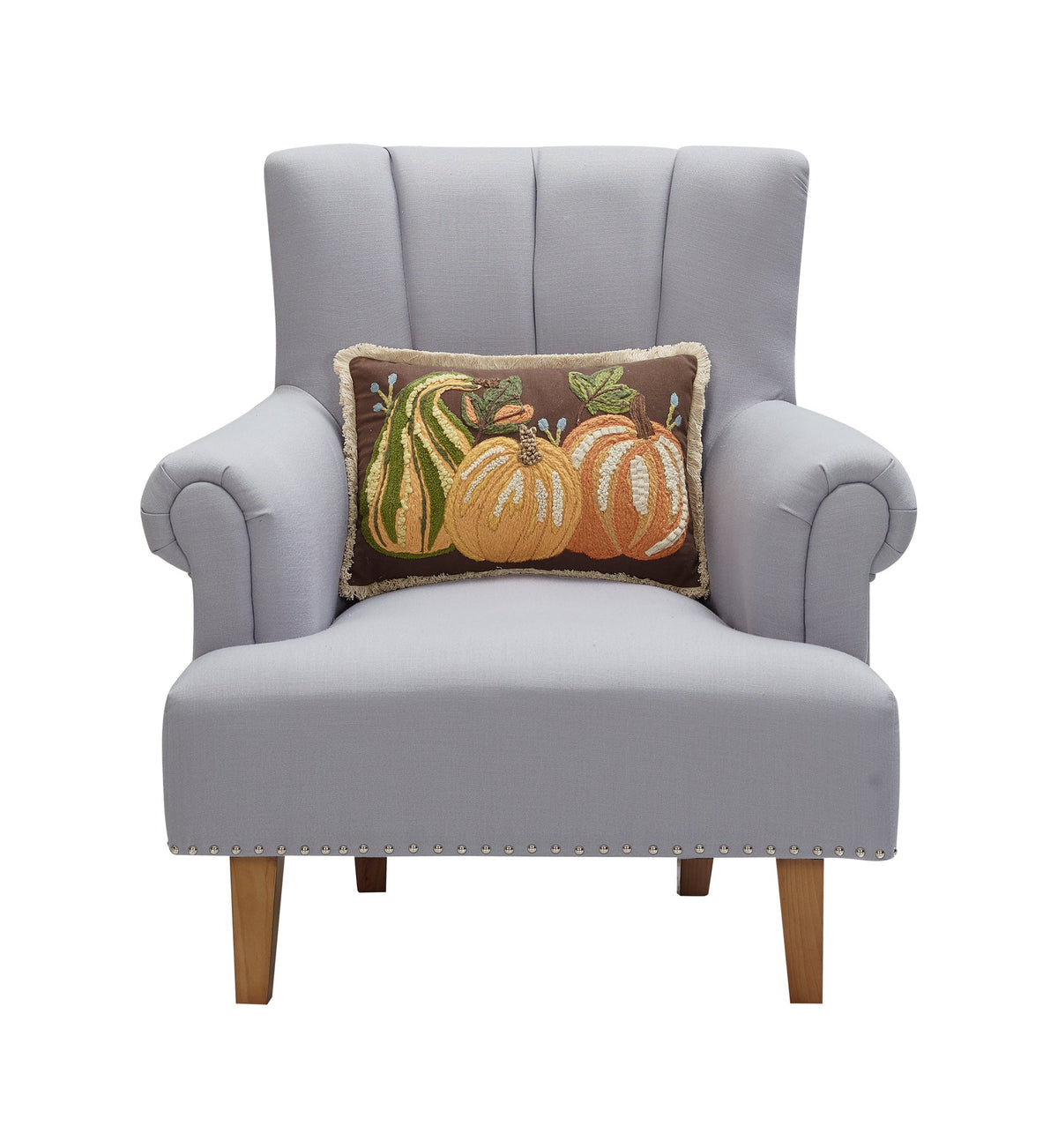 Harvest Brown Pumpkin Trio Embroidered Fall Harvest Throw Pillow on an armchair, showing the throw pillow at room scale, 12x18 inch