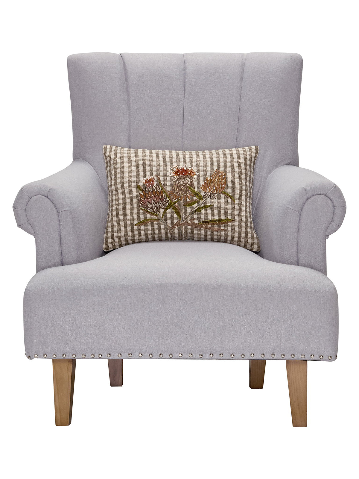 Harvest Flower Embroidered Fall Harvest Throw Pillow on an armchair, showing the throw pillow at room scale, 12x18 inch